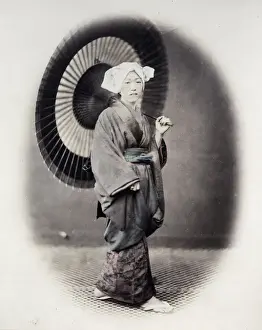 Beato Prints: 1860s Japan - portrait of a young woman with a parasol Felice or Felix Beato