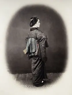 Beato Prints: 1860s Japan - portrait of a young woman showing her obi sash Felice or Felix Beato
