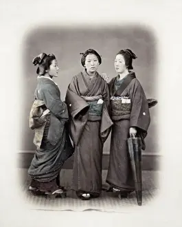 Geisha Prints: 1860s Japan - portrait of three young women The Three Graces Felice or Felix Beato