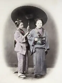 Beato Prints: 1860s Japan - portrait of two young women and a parasol umbrella Felice or Felix Beato