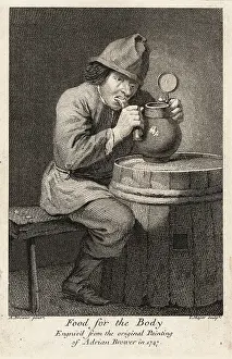 Bite Prints: 18th century Flemish peasant eating at a barrel table in a taver