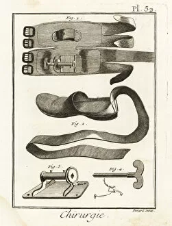 Anatomical Collection: 18th century knee pad 1, slipper 2, winch 3 and key 4