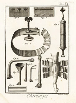 18th century sutures, tourniquet, syringe and bandages