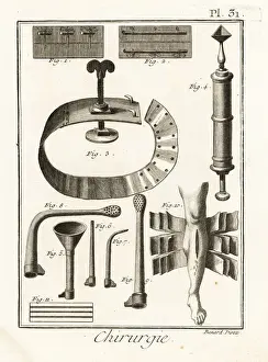 Encyclopedia Prints: 18th century sutures, tourniquet, syringe and bandages