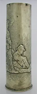 Embossed Prints: 19 pounder shell case - three Australian soldiers relaxing