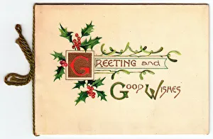 1900s Card Christmas Xmas Holly Red Berries Green