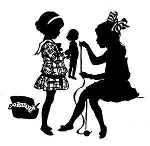 Images Dated 30th March 2016: 1920 Girls Making Dolls Clothes Silhouette Depicting
