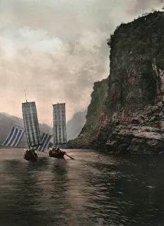 Gorge Prints: 1920s China - boat in a Yangtze river gorge