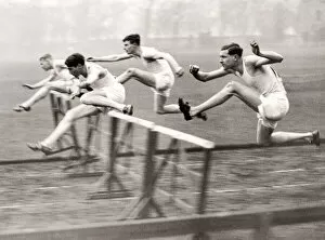Athletics Gallery: 1930s press photo - hurdles racing, athletics
