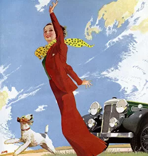 Images Dated 7th November 2018: 1930s woman walking dog - Daimler car