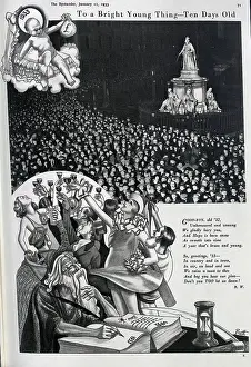 1933 New Year celebrations, photographs of crowds in London, with illustrations of Old Father Time and the baby 1933, with revellers raising a toast. With a poem honouring 1932 and 1933. Captioned, To a bright young thing, ten days old