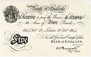 1944 English five pound note, money
