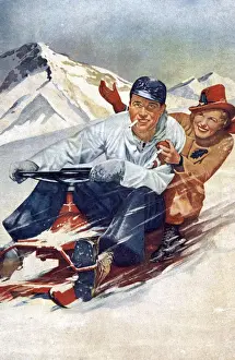 Toboggan Prints: 1950s - Young couple having fun on a snowmobile