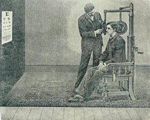 Unattributed Prints: 19th century Optician testing patient's eyesight