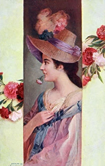 Bows Collection: 19th century pretty young lady with ornamental straw hat