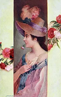 Panels Prints: 19th century pretty young lady with ornamental straw hat
