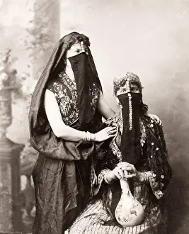 Collodion Prints: 19th century vintage photograph - Egypt - portrait of veiled Egyptian women with a vase