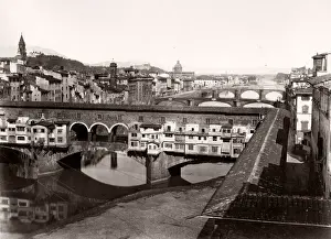 19th century vintage photograph Italy - Ponte Vecchio, River Arno, Florence