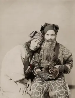 19th century vintage photograph: Japan - portrait of an Ainu Aino couple Hokkaido