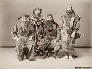 19th century vintage photograph: Japan - portrait of an Ainu Aino group from Hokkaido