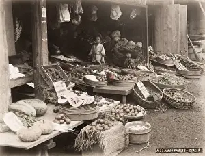 19th century vintage photograph: vegetable shop store stall, Japan, c. 1880 s