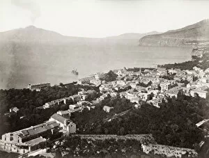 19th century vintage photograph: View of Sorrento, with some coming from the volcano