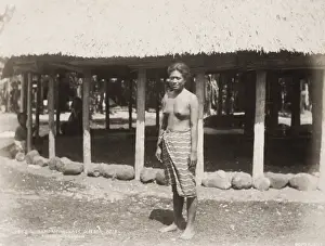 19th century vintage photograph: woman in Samoan village, near Apia, Burton Bros