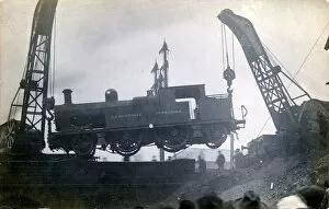 Cranes Collection: 2-4-2 Tank Engine Suspended by Cranes, Rochdale, Lancashire