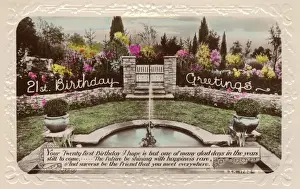 Birthdays Prints: 21st birthday card with garden and fountain