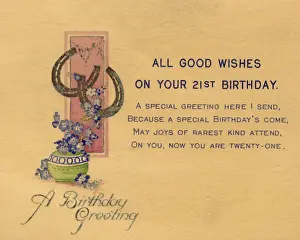 Birthdays Prints: 21st birthday card with horseshoes and flowers