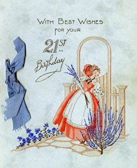 Arch Way Gallery: 21st birthday card with lady gathering lavender