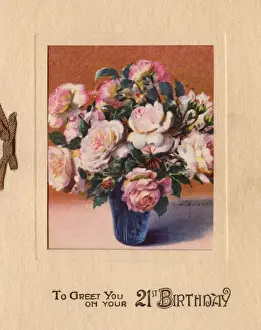 Birthdays Prints: 21st birthday card with vase of pink roses