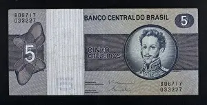 Economies Prints: 5 cruzeiros bill with portrait of king Pedro