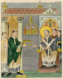 Abbot Collection: Abbot Elfnoth presents prayer book to monks