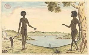 Aboriginal family group in a harbour landscape