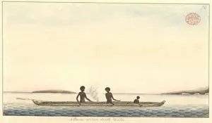 Aboriginal Prints: An Aboriginal family paddling a canoe