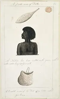 An Aborigine with his hair matted with gum, a bark paddle an