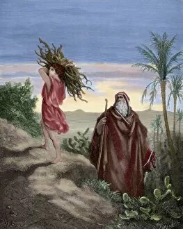 Abraham and Isaac carrying the wood for the sacrifice. Engra