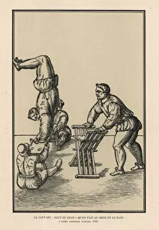 Allemagne Collection: Acrobat performing somersaults on a chair and bench
