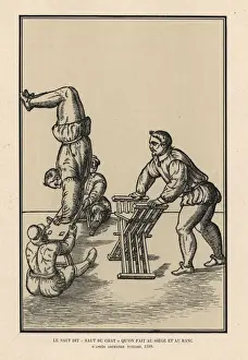 Somersault Prints: Acrobat performing somersaults on a chair and bench