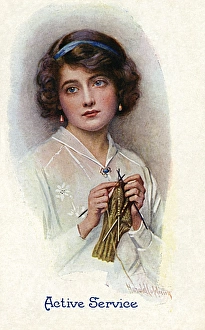 Active Service - WW1 knitting postcard by Harold Copping