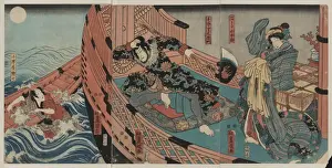 Actors in the roles of Hakata Kojuro, Kezori Kuemon, and Kom