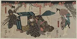 Nagoya Prints: Three actors in the roles of Nagoya Sanzaburo, Katsuragi, an