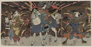 Gozen Prints: Three actors in the roles of Wadai Yoshimori, Tomoe Gozen, a