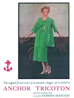 Anchor Collection: Actress Binnie Hale wearing a bright green swagger suit knitted in Anchor Tricoton Date: 1936