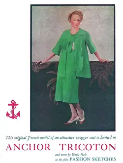 Actress Binnie Hale wearing a bright green swagger suit knitted in Anchor Tricoton Date: 1936