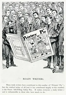 Advertisement or advertorial for Onoto safety pens in Printers Pie magazine, featuring an illustration of the many contributors to the magazine reading a copy. The tall figure with the moustache holding one side of the magazine is the artist John Hassall, who designed its front covers up to and throughout the First World War. Printers Pie was published by The Sphere and Tatler in aid of printers charities and edited by W. Hugh Spottiswoode. A sister publication, Winter's Pie, was published each Christmas. Both magazines carried contributions from the leading artists and humorous writers of the day including John Hassall (who designed the covers), William Heath Robinson, Lawson Wood and Walter Emanuel. Date: 1911 Advertisement or advertorial for Onoto safety pens in Printers Pie magazine