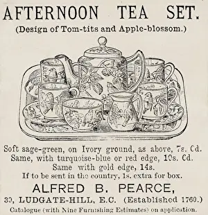 Crockery Prints: Advert for afternoon tea set (design of tom-tits and apple blossom) by Alfred B