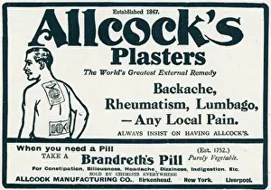 Pain Prints: Advert for Allcocks Plasters for aches and pains WWI