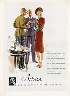 Advertisement for Aristoc silk stockings. An elegant woman talking and enjoying a drink with two officers. The advertisement reads: A woman in war-time must combine duty with beauty, and Aristoc feel that they must do the same